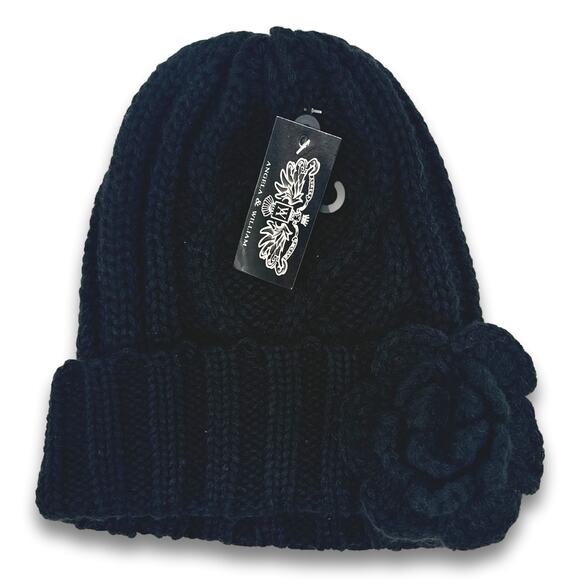 Black Thick Warm Knit Beanie Long Cuffed With Flower Accent Fall Winter Snow Hat - Picture 7 of 7